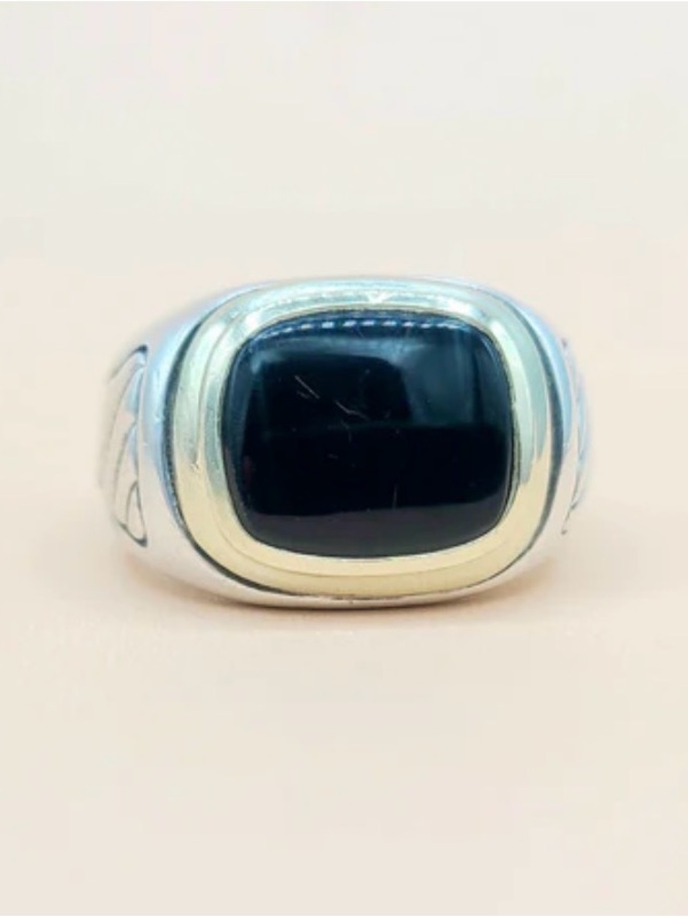 David Yurman Black Onyx Signet Cable Ring In Sterling Silver With Gold